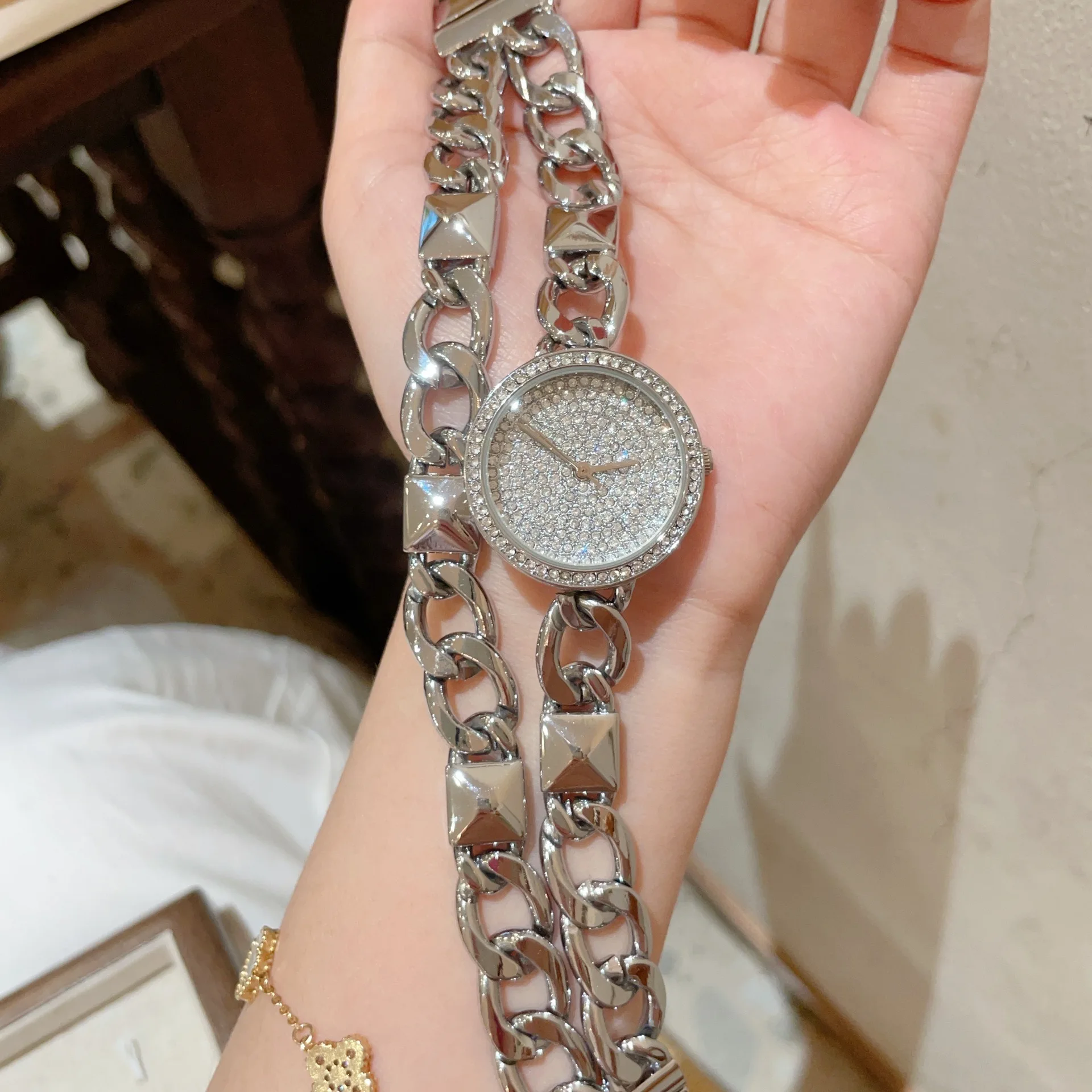 KAIRIS Women's Luxury Rhinestone Quartz Watch Round Crystal Dial Double Chain Bracelet Fashion Jewelry Wristwatch