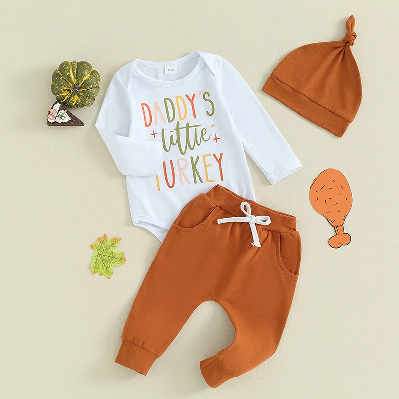 Infant Boys 3-Piece Outfit with Long Sleeve Romper Drawstring Pants and Matching Hat Set Featuring Letter Print