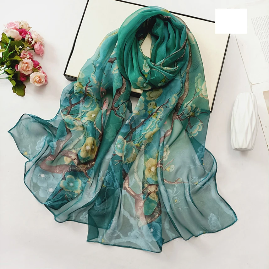 New Lotus Floral Summer Women Imitation Silk Scarf Bandana Chiffon Georgette Bandana Elegant Shawl Hijab Hairscarves Beach Scarf