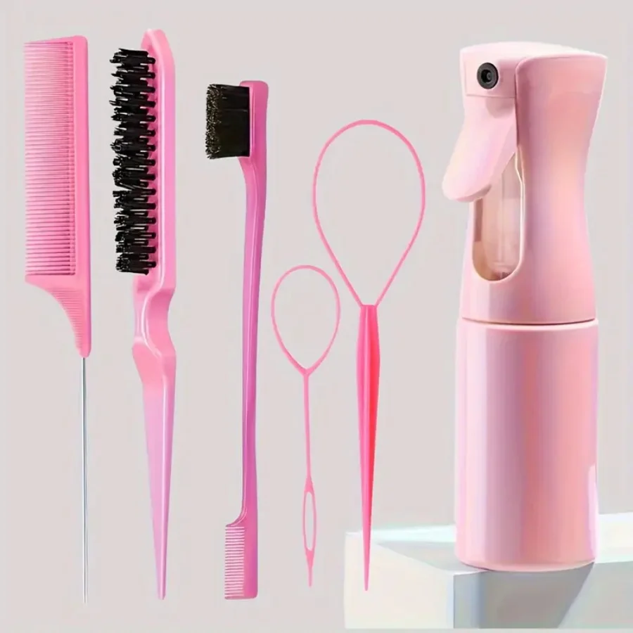 6pcs/Set Hair Brush Set, Hairdressing Spray Bottle, Hair Braiding Loop, Rat Tail Comb, Teasing Hair Brsuh, Edge Control Hair Bru