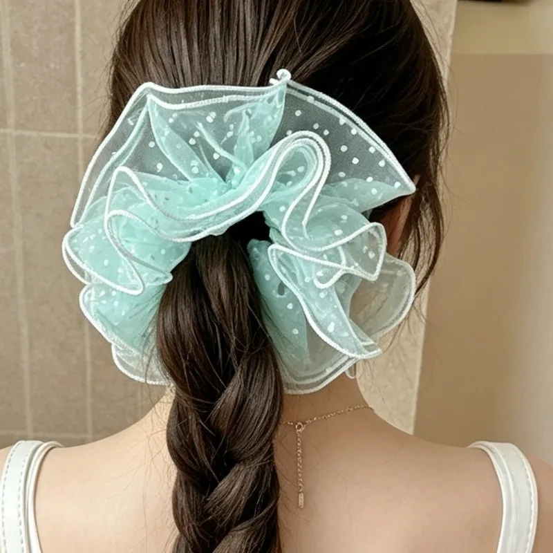 

Breathable Tulle Scrunchie With Polka Dot Design Sweet Girly Hair Elastic For Summer Bun And Ponytail Daily Wear Hair Accessory