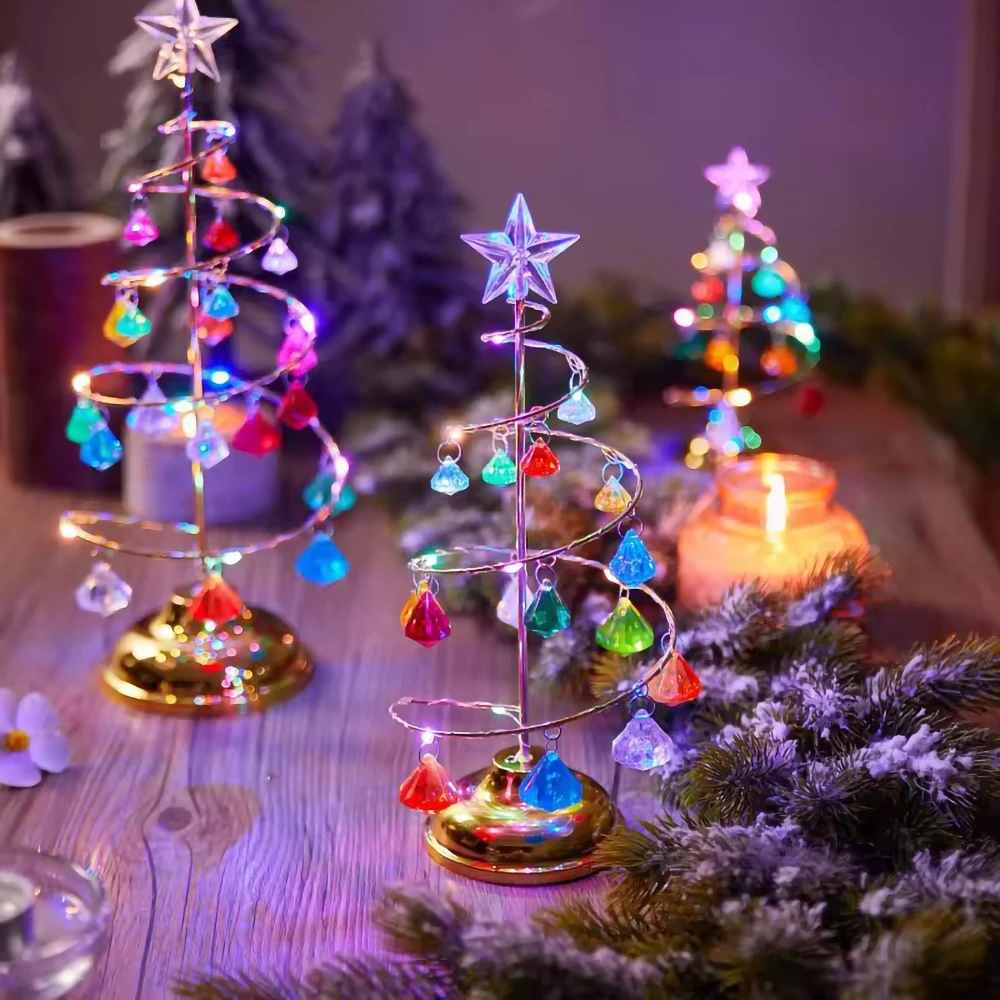 LED Christmas Tree Lamp Small Crystal Decorative Iron Tree Night Light Ornament for Gift