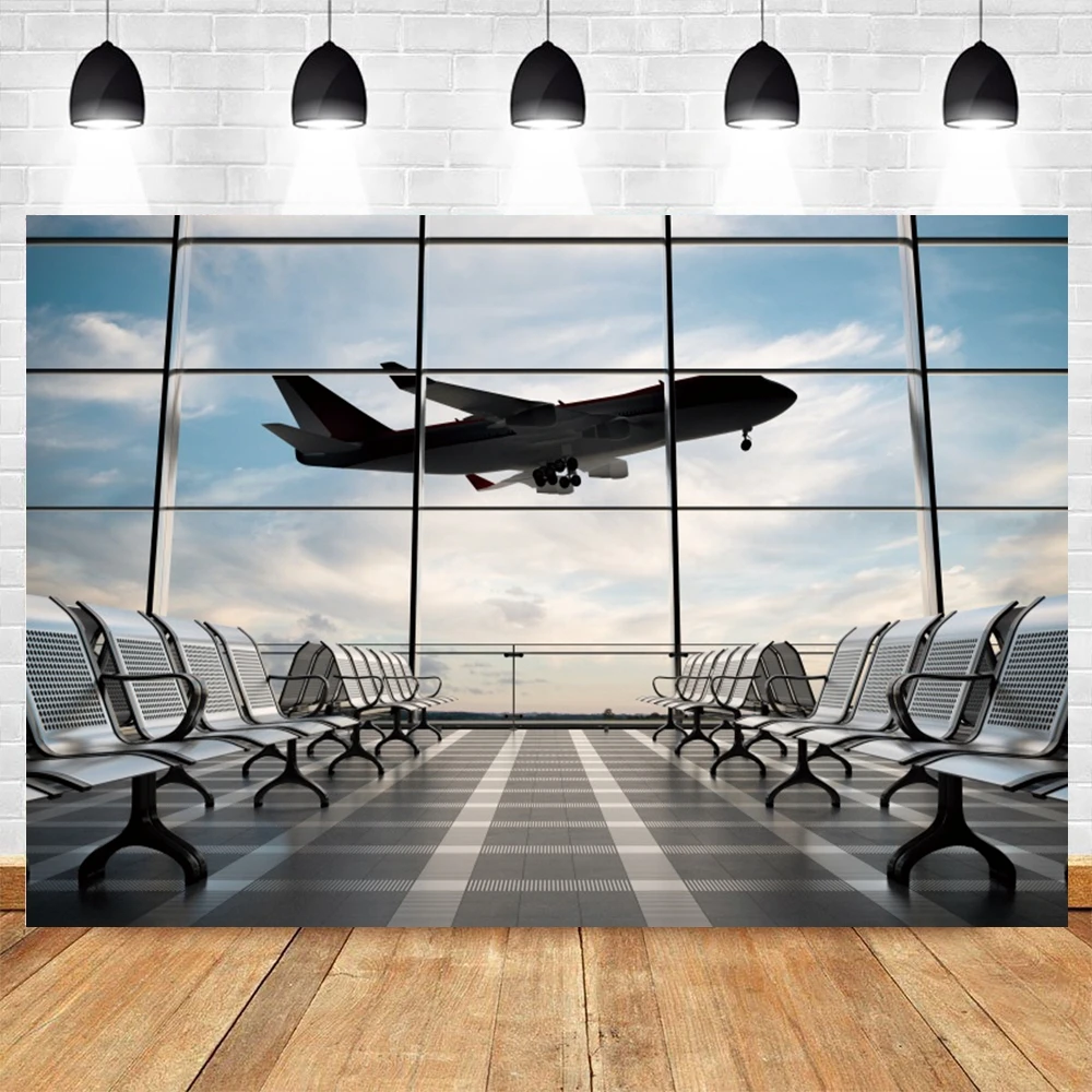 Plane Take Off French Window Photography Backdrop Airport Waiting Room Poster Baby Portrait Photographic Background Photo Studio