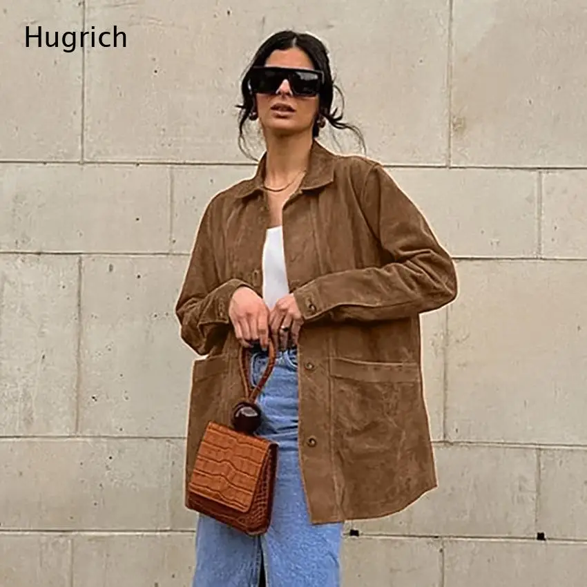 Brown Suede Button-Up Jacket with Pointed Collar Patch Pockets and Long Sleeves Relaxed Fit Casual Style