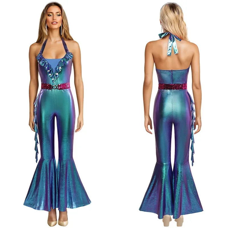 ヒップホップレトロロールプレイングセクシーダンスレディース70年代ディスコグローホーンジャンプスーツ、ハロウィンカーニバルセット付きft1/