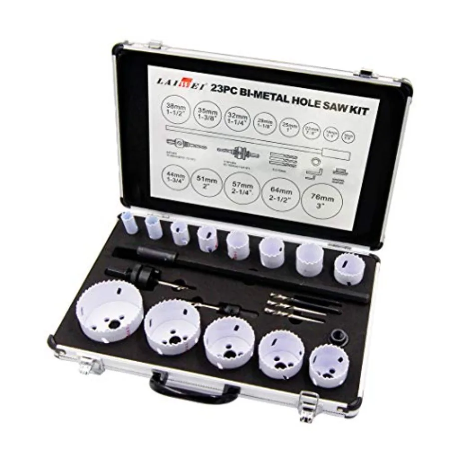 

Hole Saw kit 23PCS bi-Metal Hole Set with Arbors and Replacement Drill Bits for Wood Aluminum PVC Plumbing and DIY Woodworking