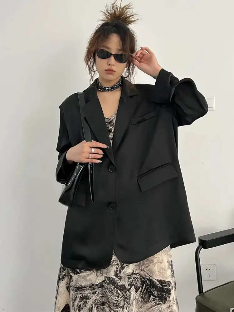 BJTZ Back Slit Silk Face Sunscreen Suit Cardigan Jacket For Women 2025 Summer New Black Light Loose Fitting Casual Blazer HL712