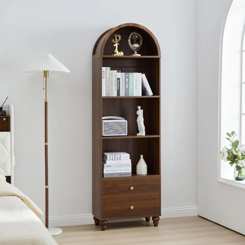 

75.59" Tall Bookcase, 4 Tier Arched Bookshelf with 2 Drawers, Modern Book Display Storage Cabinet for Living Room, Bedroom