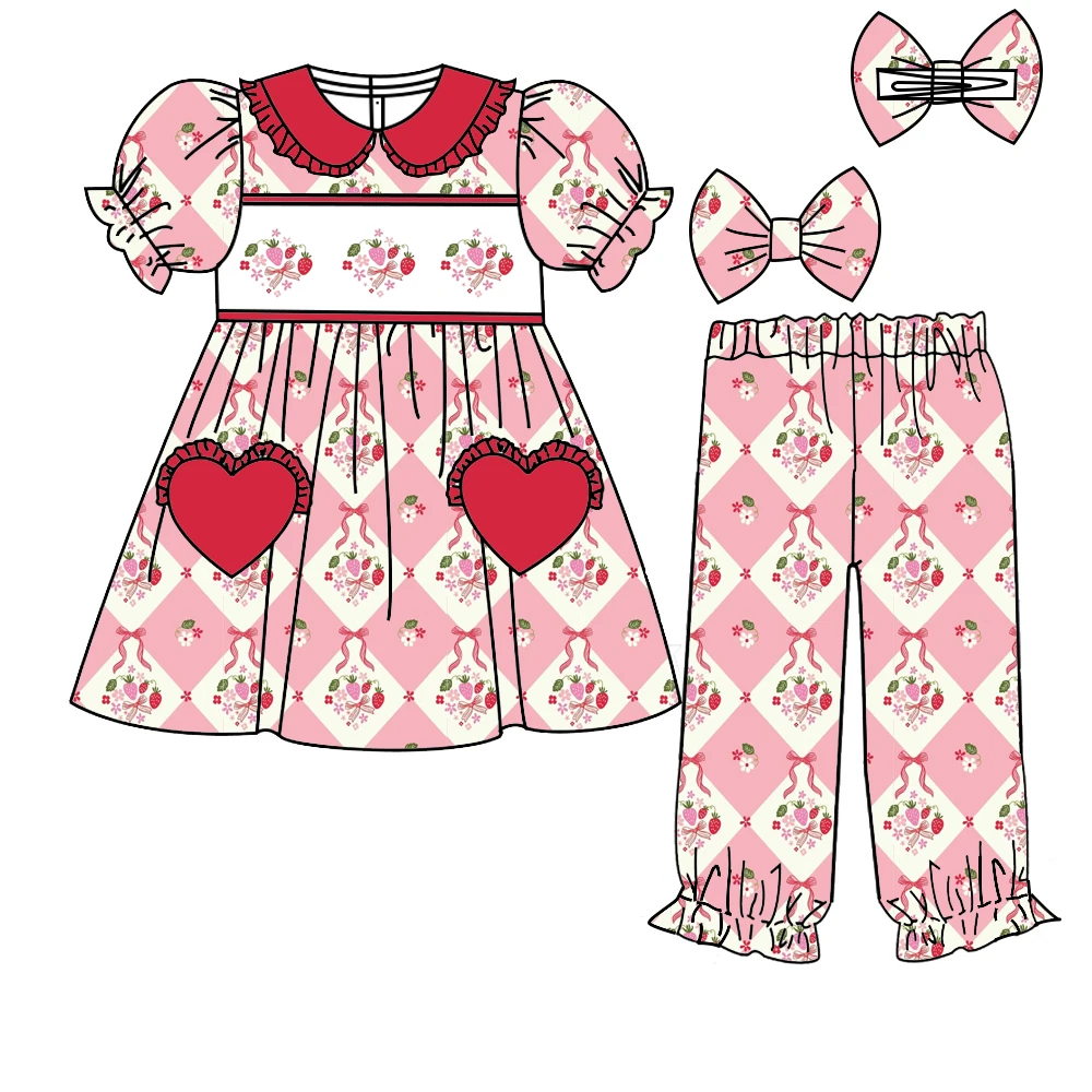 Valentine's Day New Style Heart and Flower Print Girls' Short-Sleeve Long Pants Pink Ruffled Neckline Delicate Pajama Set