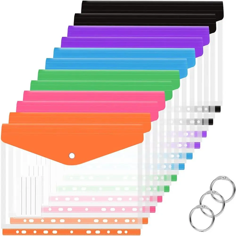 12Pcs ขยาย Binder Pocket A4พลาสติกใสซอง11หลุม Binder เอกสารสัญญากระเป๋าคลิป3แหวนอุปกรณ์สำนักงาน