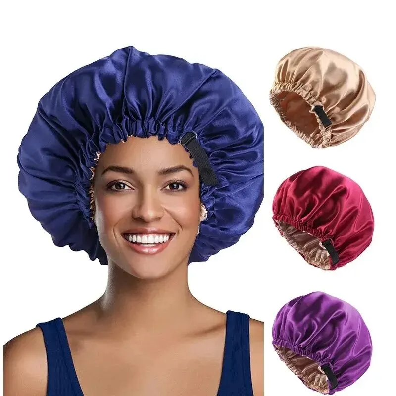 Conjunto de 2 peças de gorro grande de cetim, touca de dormir noturna de seda, gorro longo de cetim com faixa de cabeça, envoltório de borda para cabelo feminino