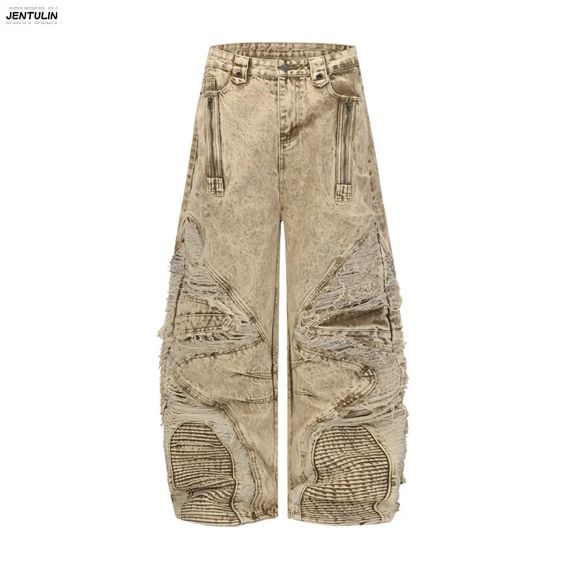 

Y2k Autumn Winter American Street Style Irregular Wide Leg Pants For Men Worn Washed Curved Knife Jeans Harajuku Men Clothing
