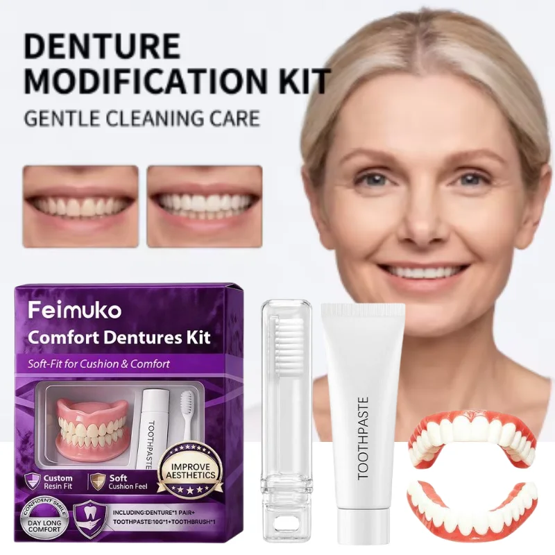 Comfort False Teeth Denture Kit Natural Look Soft Fit Upper Lower Dentures With Toothbrush And Toothpaste Oral Cleaning Tools