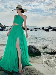 Green Elegant One Shoulder Slim Party Evening Long Dress Women Sexy Club Off Shoulder Summer Fashion High Waist Split Dress Chic