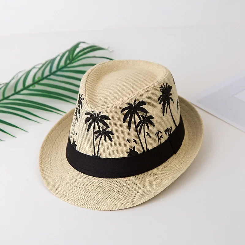 New Spring Summer Palm Tree Jazz Hat Sun Protection Unisex Short Straw Shade Breathable Beach Hats for Men Women Summer Caps