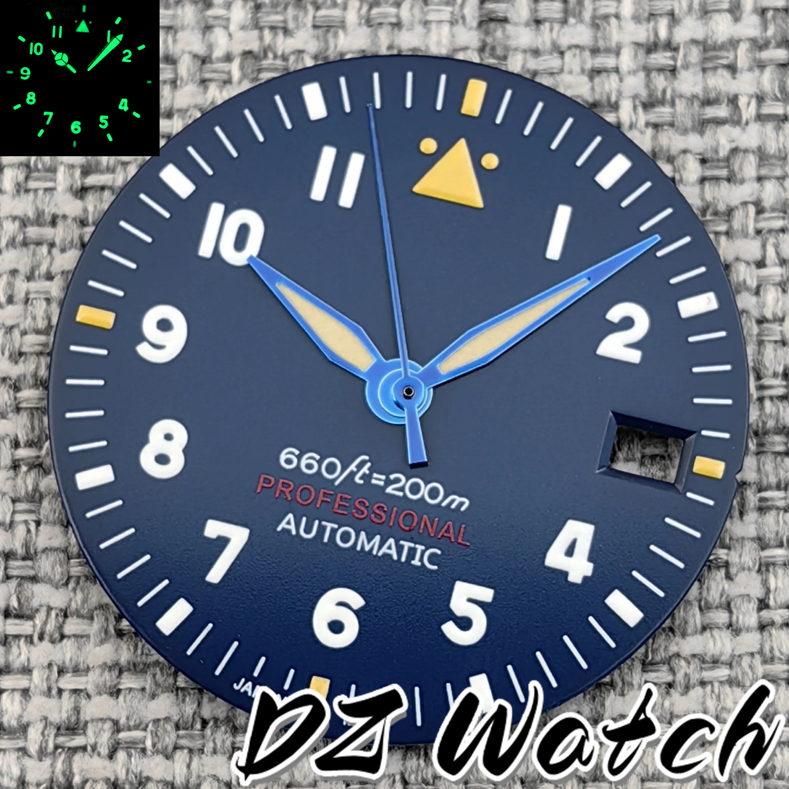 DZ NH35 29mm Blue Pilot Style Watch Dial Date Window With Hand Sets Luminous Fit NH35 NH36 ETA2824 PT5000 Movement Watch Parts