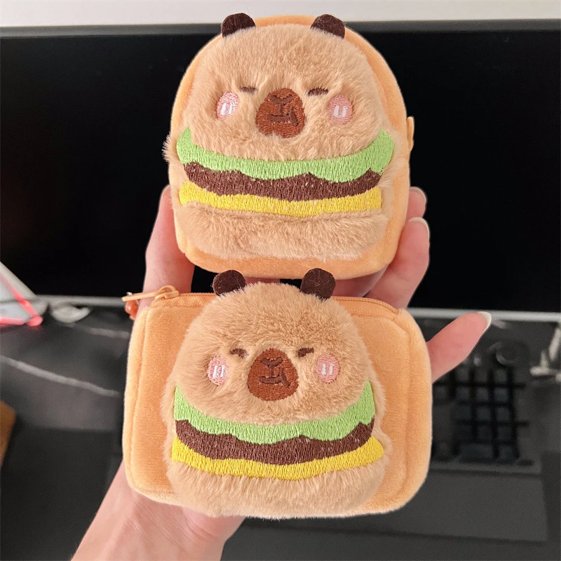 【Happy-Day】 Portamonete in peluche con capibara di Amburgo dei cartoni animati Simpatico sacchetto per il cambio dei soldi Mini sacchetto di immagazzinaggio per auricolari in peluche con portachiavi