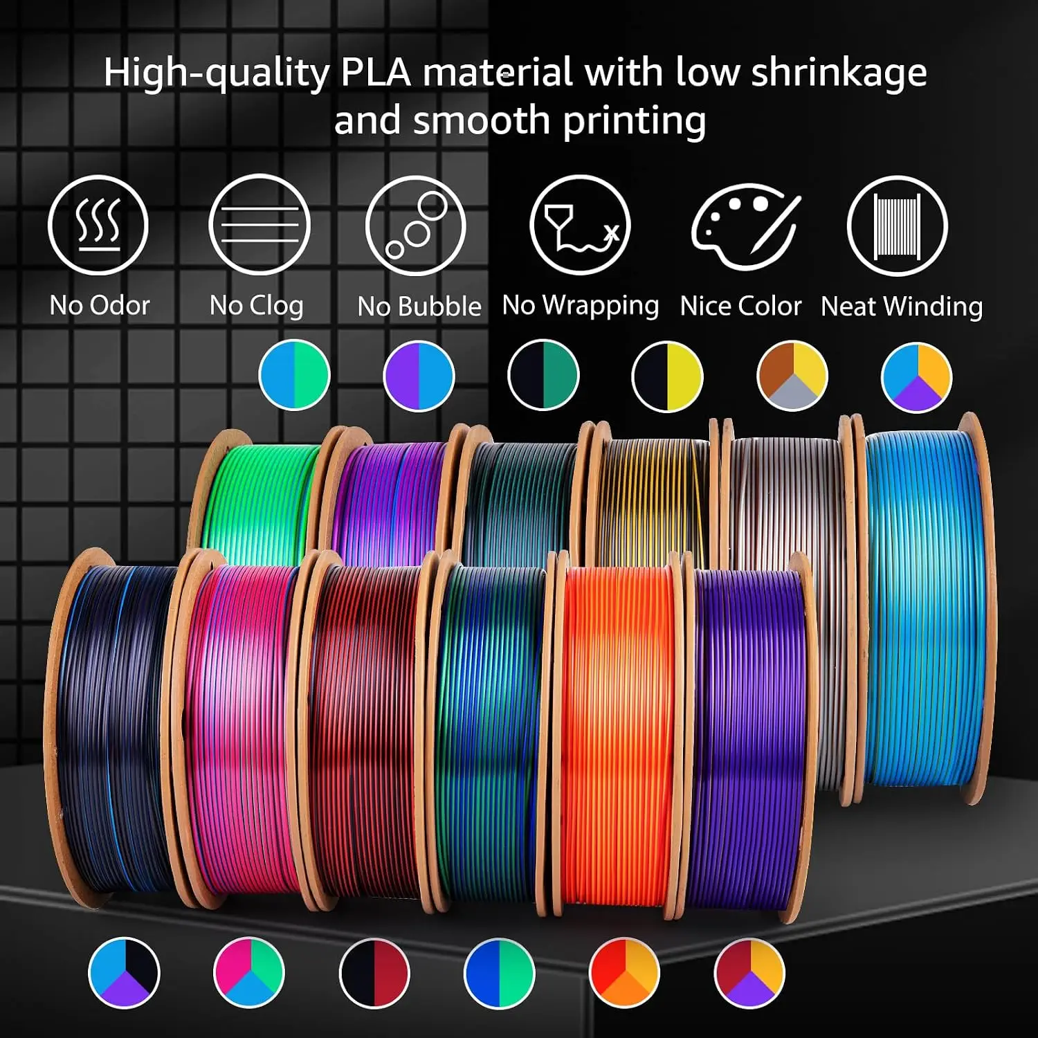 ^For Silk 12 Assorted Multiple Colors PLA+ 3D Printer Filament 1.75mm, 6 Tricolors and 6 Dual Colors, 12 Packs PLA Pro Plus No