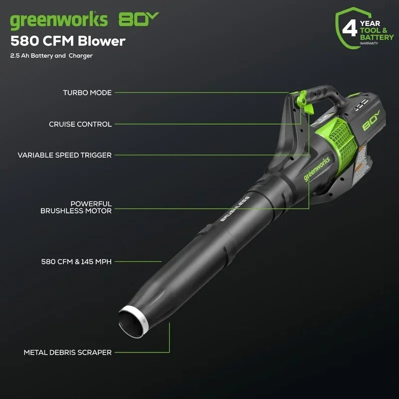 Greenworks 80V 145 MPH / 580 CFM / 75+ Compatible Tools Cordless Brushless Axial Leaf Blower,2.5Ah Battery and Charger Included