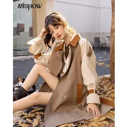 MISHOW Autumn Women's Khaki Trench Contrast Color Woman Clothes Spliced Turn-down Collar All-match Casual Jacket MXB31W0367