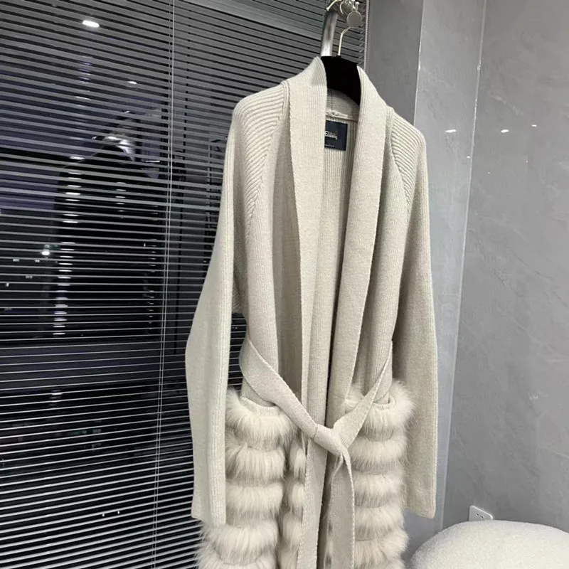 Manteau Long en fourrure de renard véritable pour femmes, tricot surdimensionné, ample, bande de fourrure de renard cousue ensemble, décoration extérieure, printemps, 2022