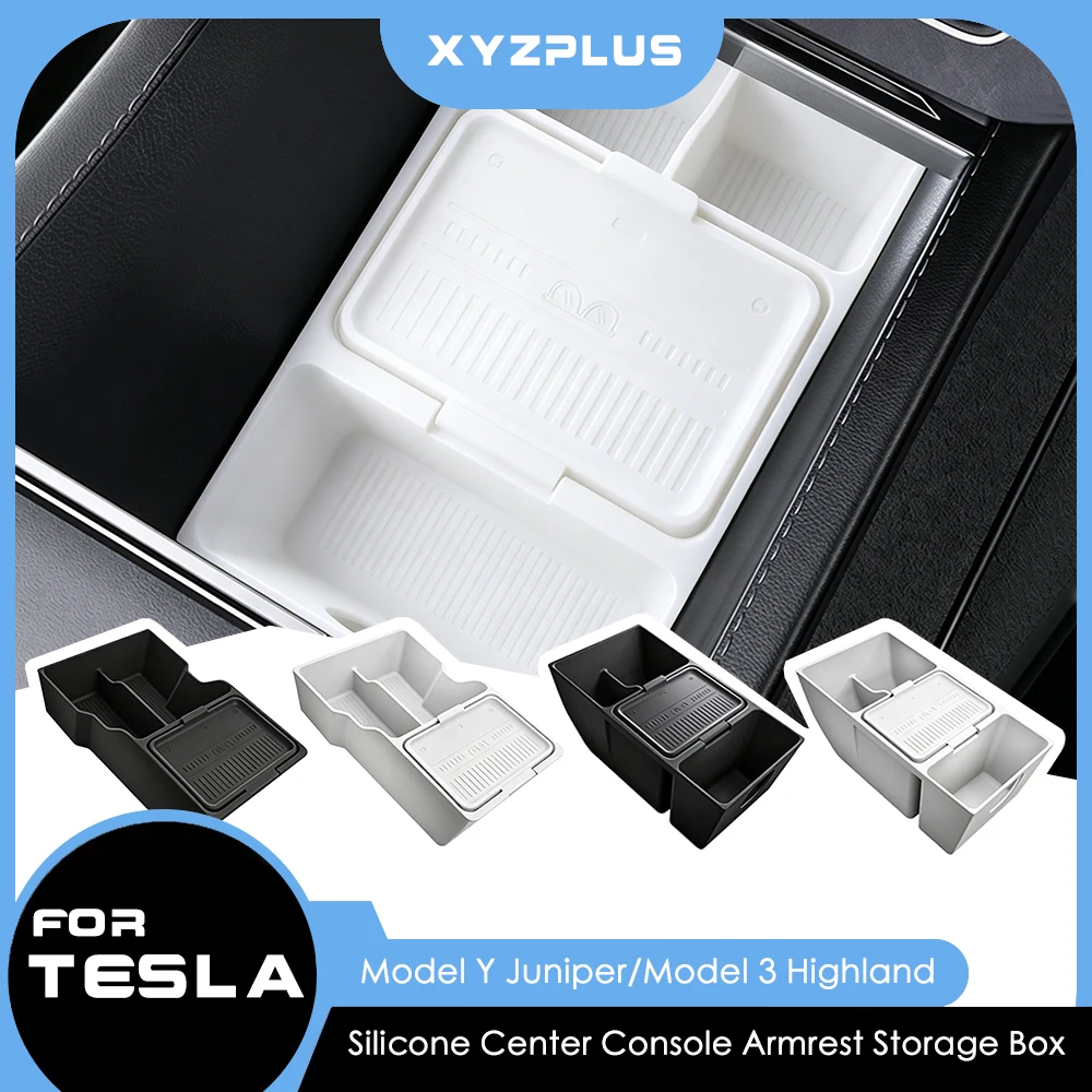 

Silicone Center Console Storage Box Armrest Box Organizer For Tesla Model 3 Highland Model Y Juniper 2025 2026 Auto Accessories