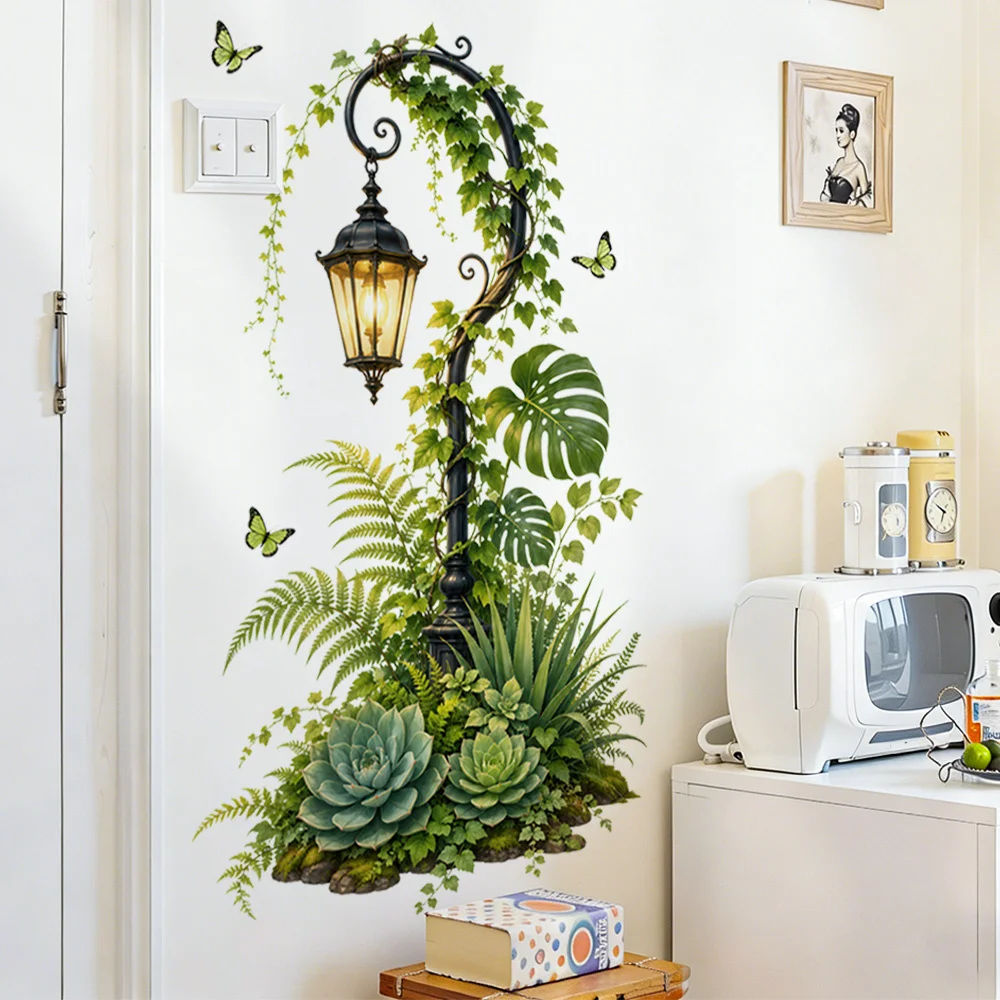 2D plan, 1 piece of forest retro street lamp wall sticker, green plant vine butterfly decoration sticker, living room entrance w
