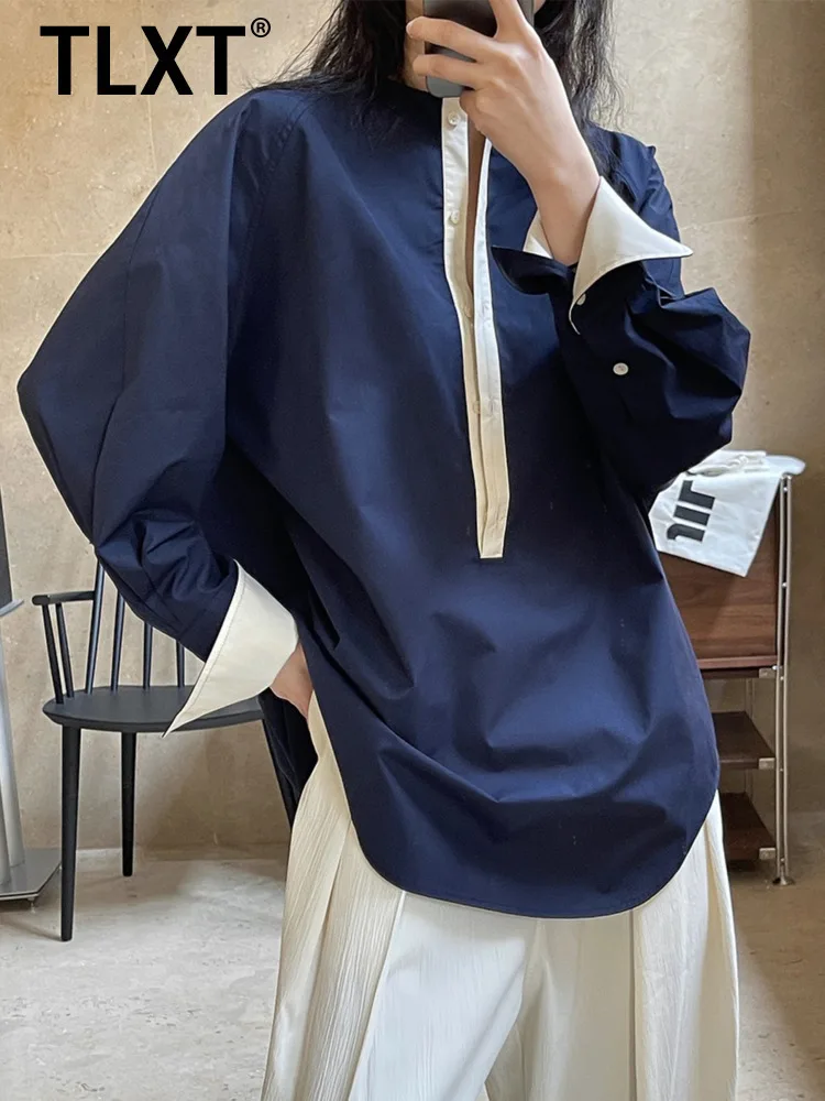 

TLXT Элегантная женская рубашка с цветными блоками, однобортная рубашка с круглым вырезом и длинными рукавами, весна 2024, новинка XK1249