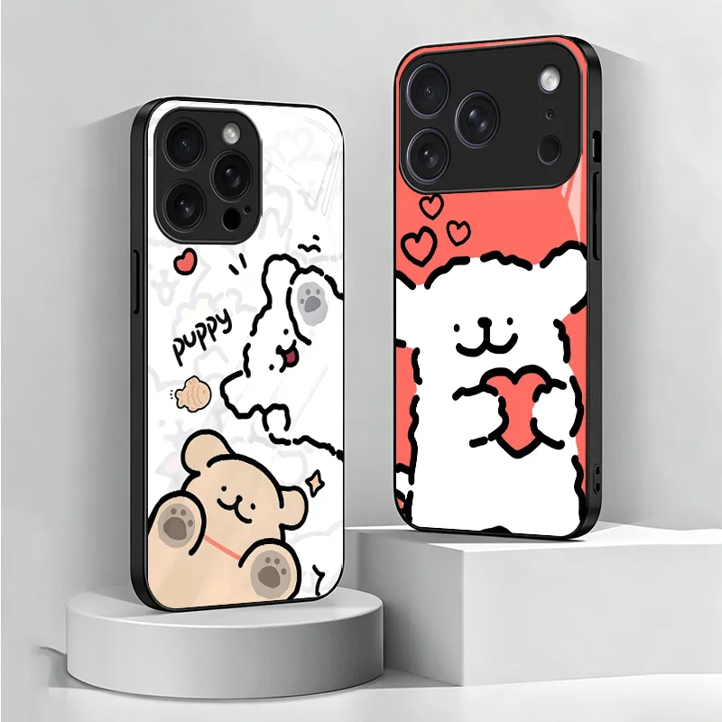 Kawaii Line Puppy Cute Tempered Glass Phone Case for Samsung Galaxy A17 A16 A15 A14 A13 A57 A56 A55 A54 A53 A37 A36 A35 A34 A33