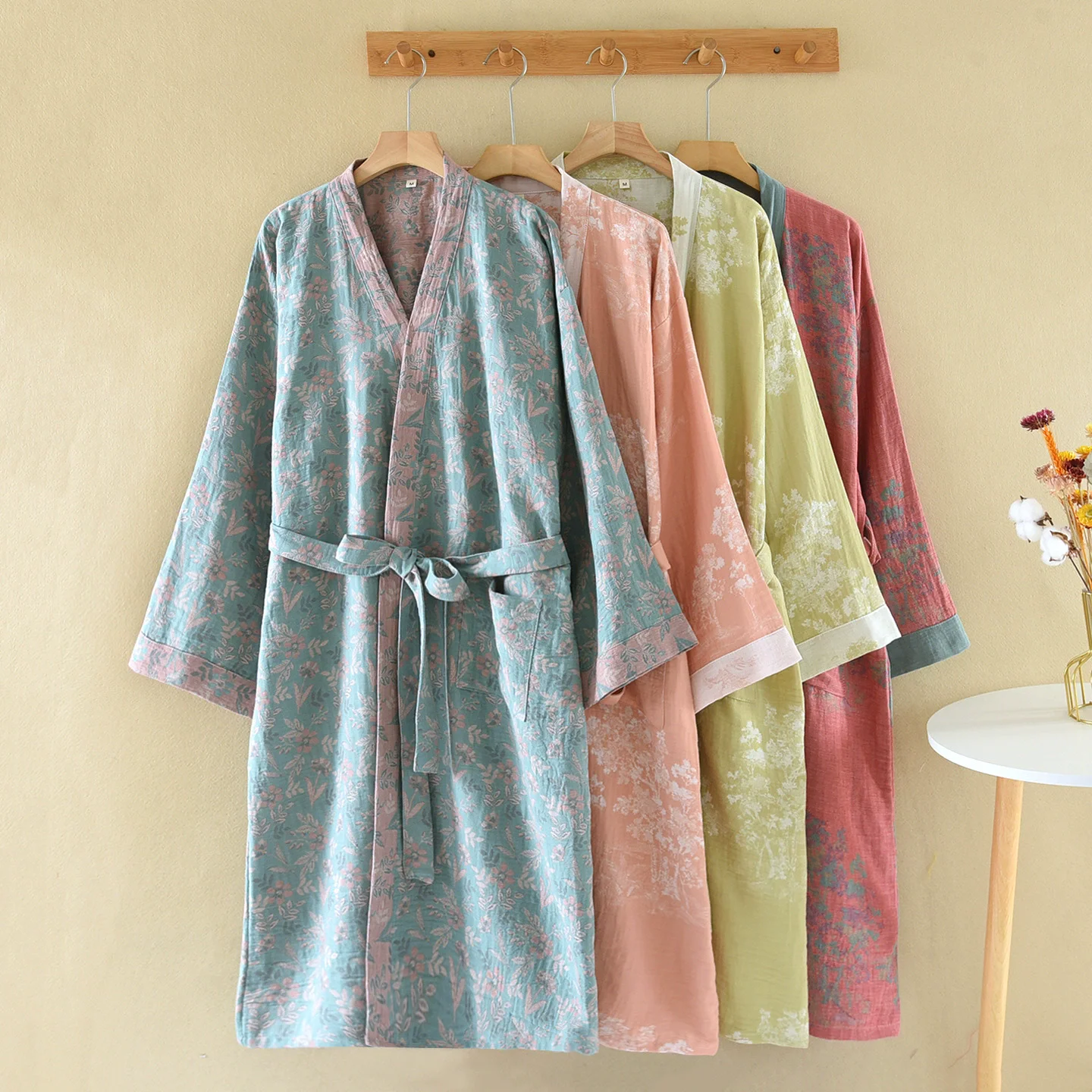

Multi Colors Kimono Bathrobe For Spring Autumn Floral Dressing Gown Cardigan Sleeping Robe With Belt Sleepwear Clothes