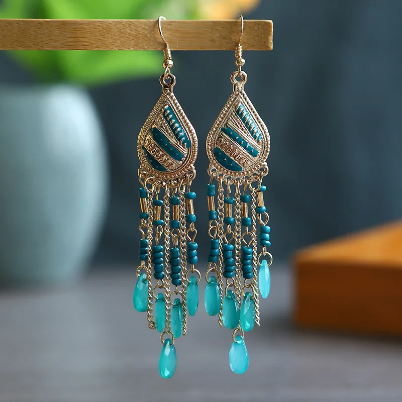 Fashion Bohemian Long Earrings For Women Handmade Tassel Chain Beads Enameled Teardrop Dangle Earrings Jewelry Pendientes Mujer