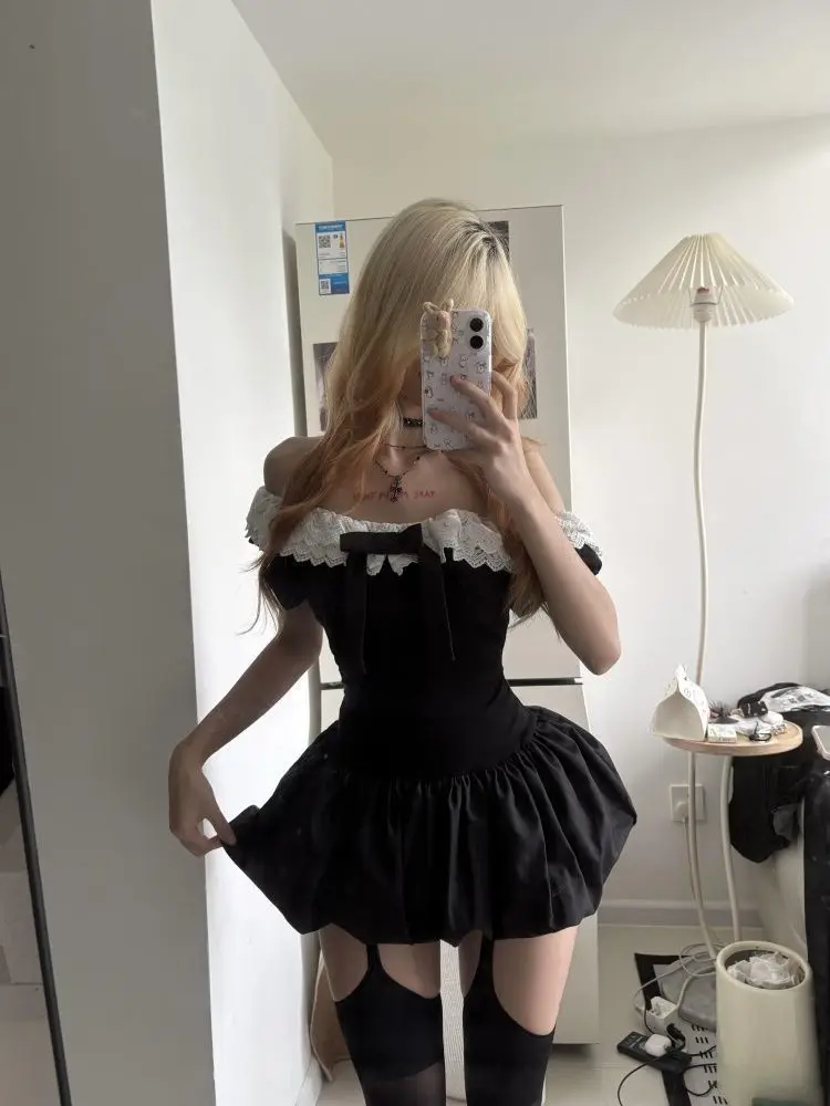 Coquette Korean Sexy Off Shoulder Lace Trim Bow Slim Fit 2 Piece Set Women Black Mini Bubble Dress Shorts Daily Wear Clubwear view 3