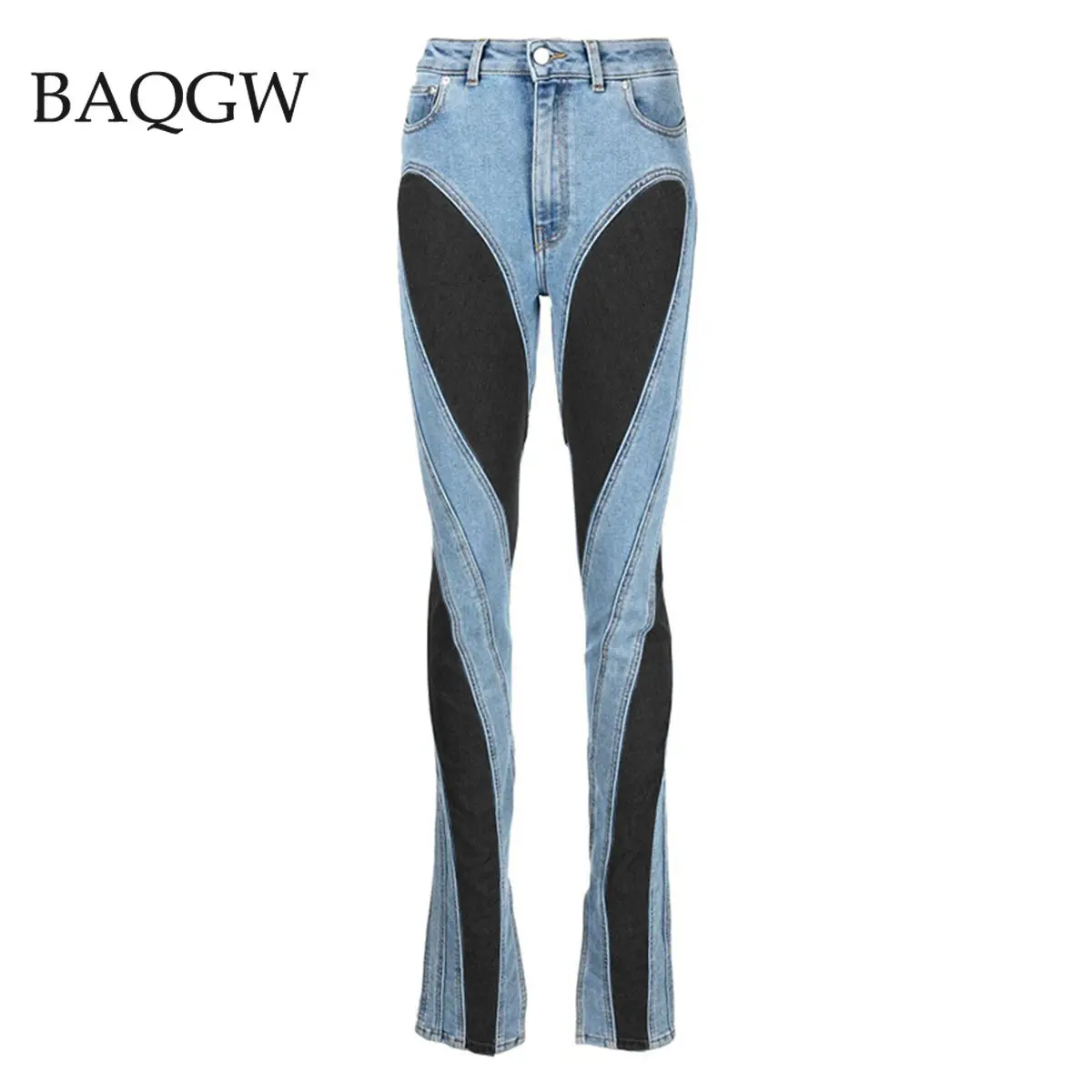 Fashion Designer Color Block Women\'s Jeans Slim Deconstruct Panelled Patchwork High Waist Split Blue Long Denim Pants Autumn