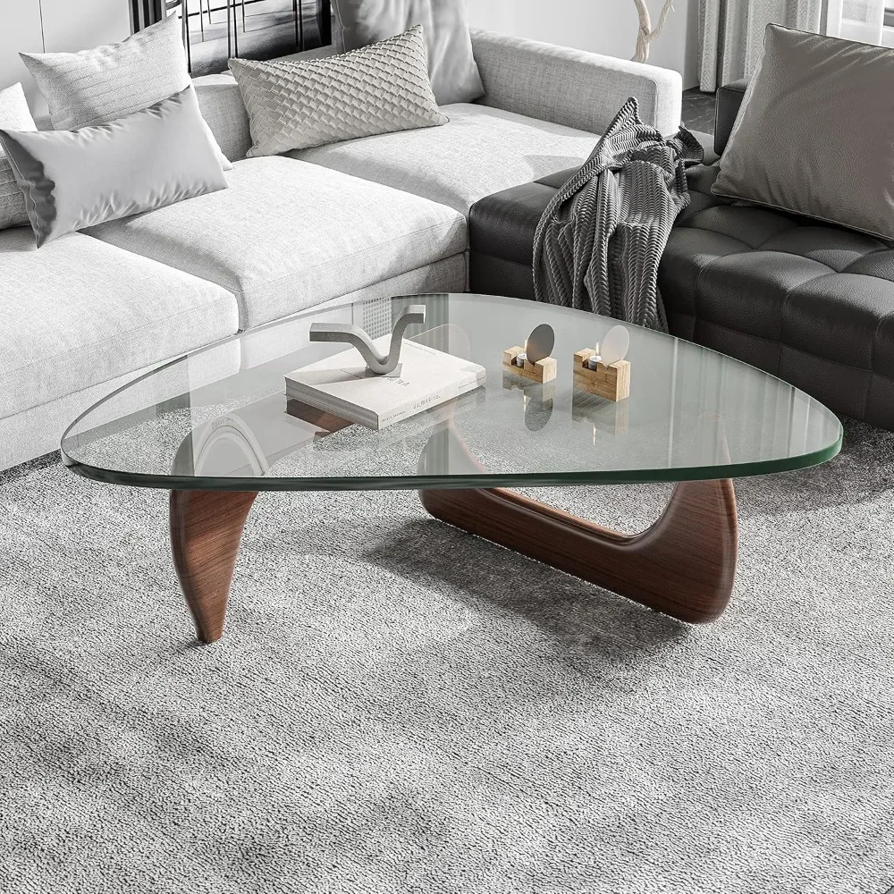 Triangle Coffee Table Modern Noguchi Vintage End Table, Solid Wood Base and Clear Glass Top Accent, for Living Room, Patio(Dark