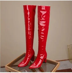 2024 Sexy Patent Pu Leather Women Over The Knee Boots Square High Heel Thigh Boots Pointed Toe Zipper Autumn Winter Woman Boots