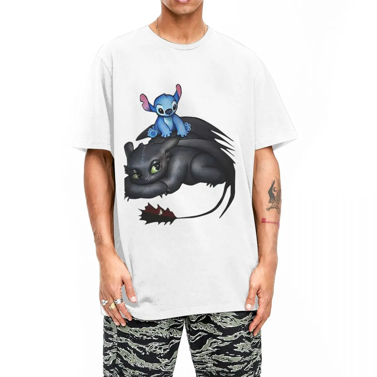 Stitch Sitting On Toothless T-Shirt for Men Women Crazy Pure Cotton Tees O Neck Short Sleeve T Shirts Summer Clothing