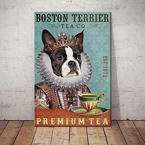 UOAIUDT Divertido cartel de metal con diseño de perro Boston Terrier Boston Terrier Tea Co. Letrero de metal de primera calidad, placa retro, decoración de pared para el hogar, cocina, baño