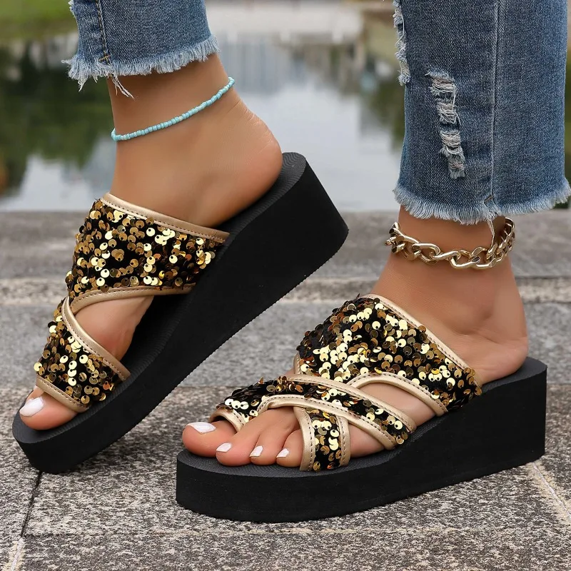 Zapatillas de mujer, moda de verano, decoración de lentejuelas, sandalias de cristal, zapatillas planas con punta abierta, chanclas cómodas informales para mujer