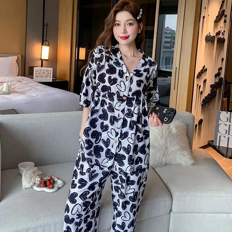 [100%] Spring Summer New Cotton Silk Pajamas for Women Fat Mm Large Size Pajamas Set Trousers Seven Points Sleeve Two-piece Set