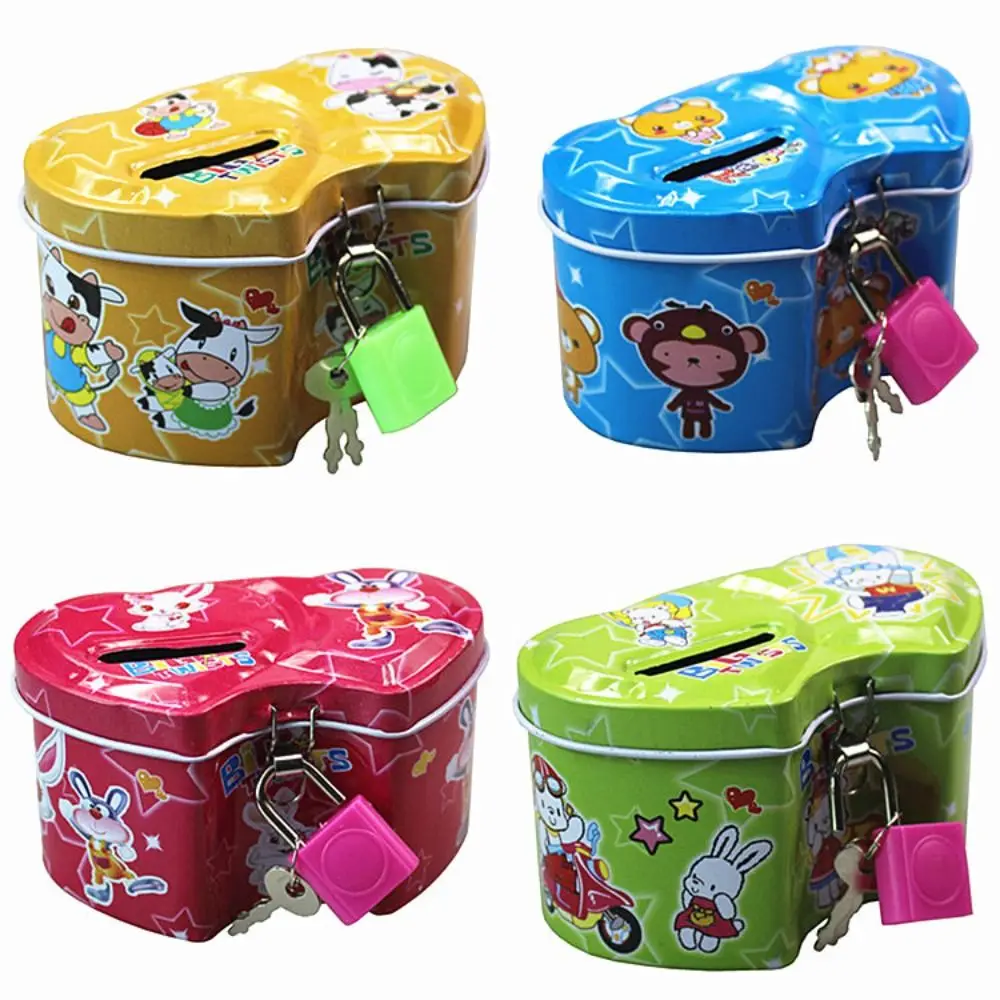 Funny With Lock and Key Tinplate Piggy Bank High Capacity Cute Coin Savings Box Cartoon Print Design Iron Art Storage Jar