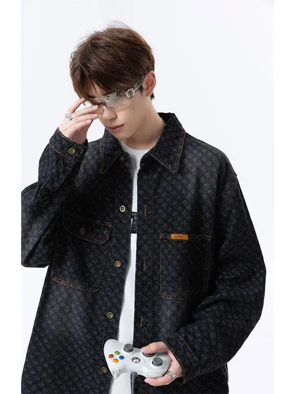 

Retro adient Waed Long Sve Men's Denim irt Floral Embroidery Casual Versatile Autumn Outerwear for Teenagers