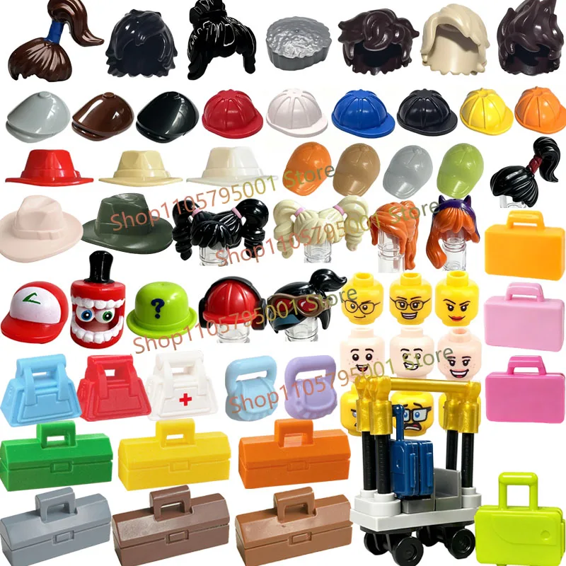 MOC City Figure Accessories Building Blocks Handbag Bag Backpack Toolbox Head Hair Cowboy Hat Baseball Cap Assembly Brick Toy F3