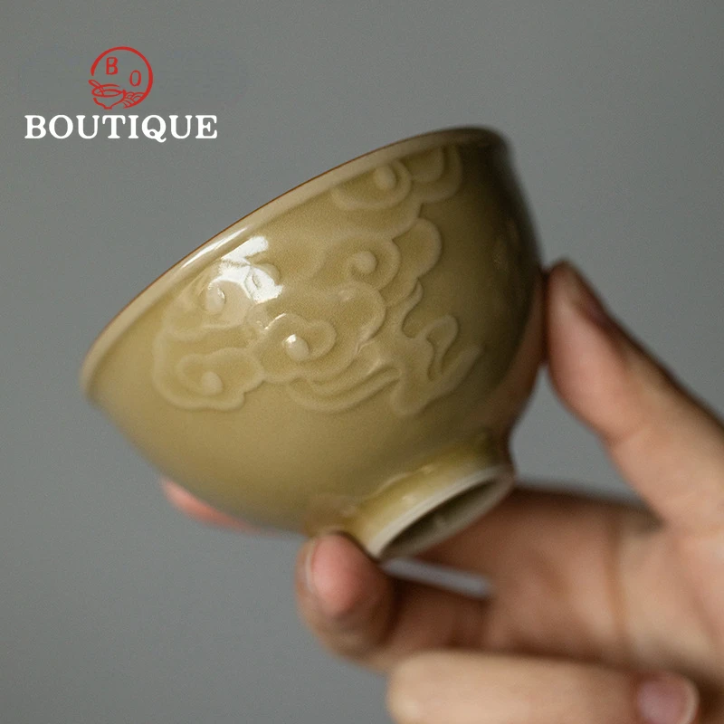 Jingdezhen Ding Ware Huang Xiangyun Tea Cup Handmade Embossed Master Cup Porcelain Kung Fu Tea Set Master Cup Bowls Teacup