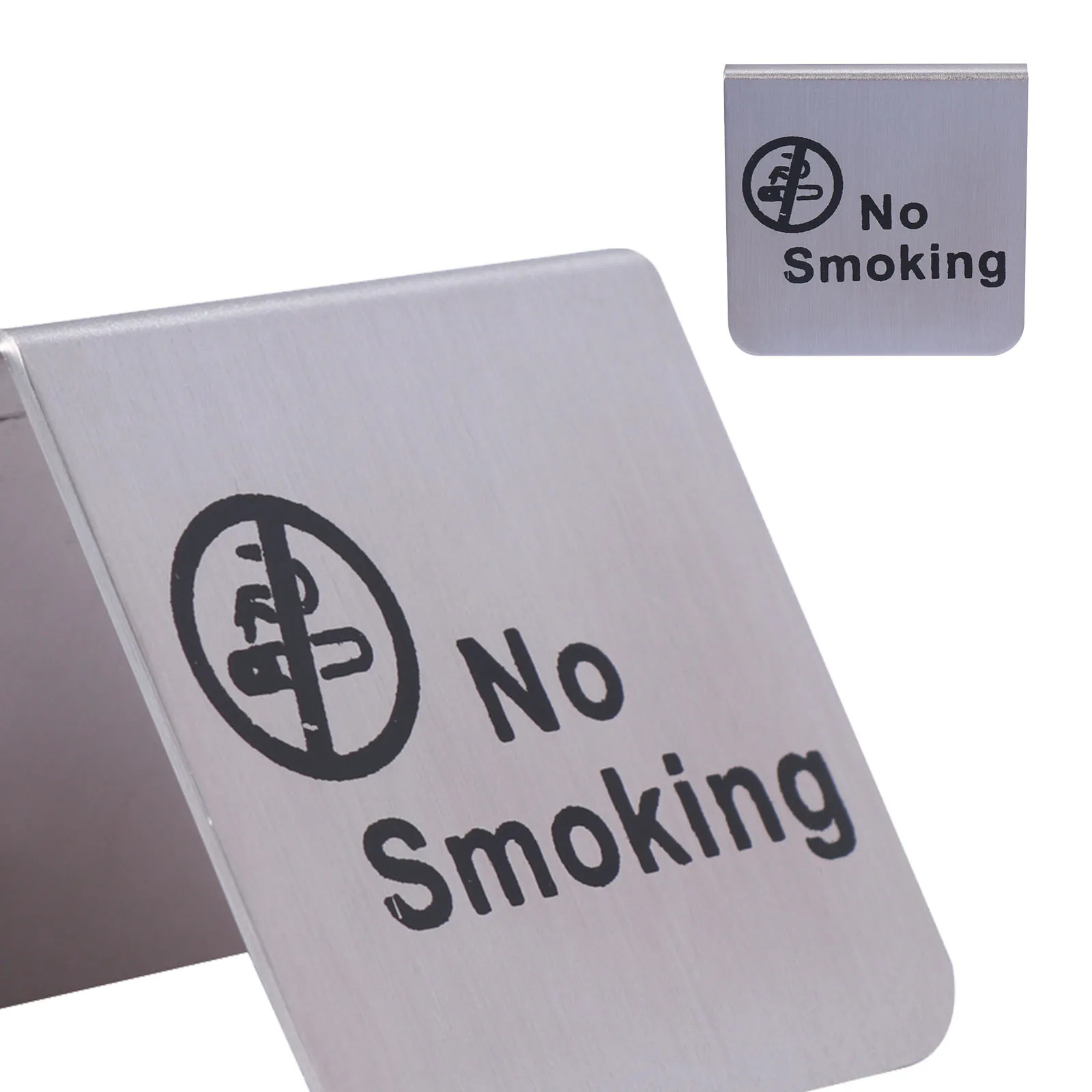 Stainless Steel No Smoking Table Tent Sign Double Side Durable Desktop Sign for Office Hotel Restaurant Banquet Use