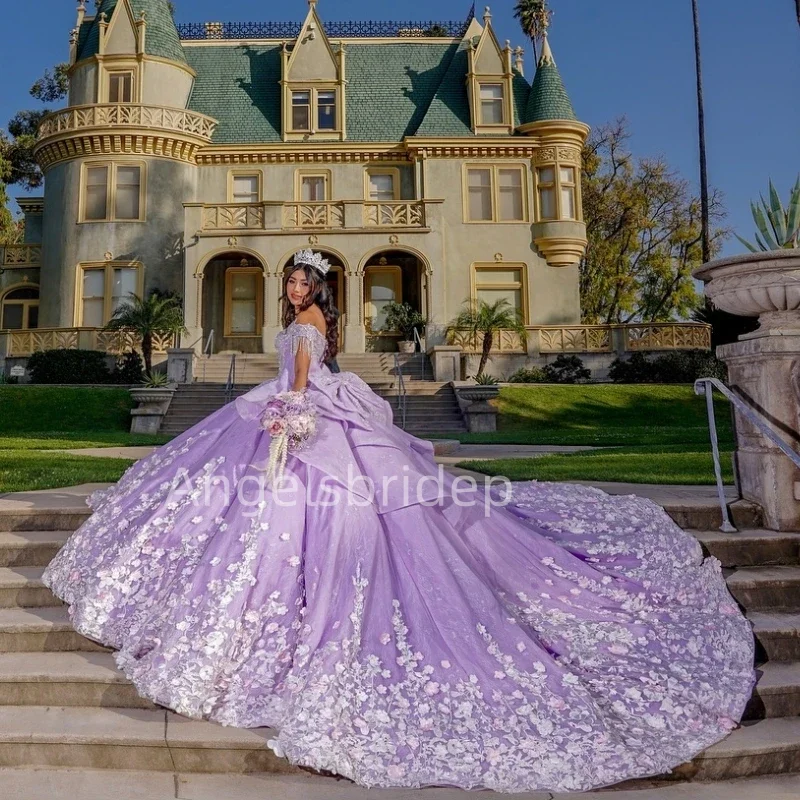 فساتين Angelsbride-Quinceanera مع زخارف وشرابة بيضاء ، فستان كرة اللافندر الرائع ، 15