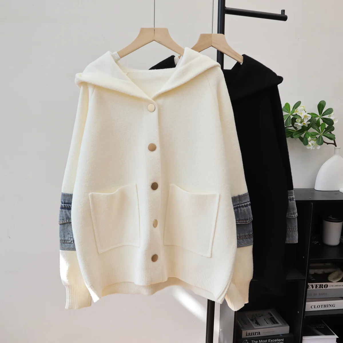 

Cardigan Women Sweaters Coats Hooded Denim Splice Jackets Full Sleeve Jumpers Y2k Streetwear Elegant Coat Autumn Winter 2025