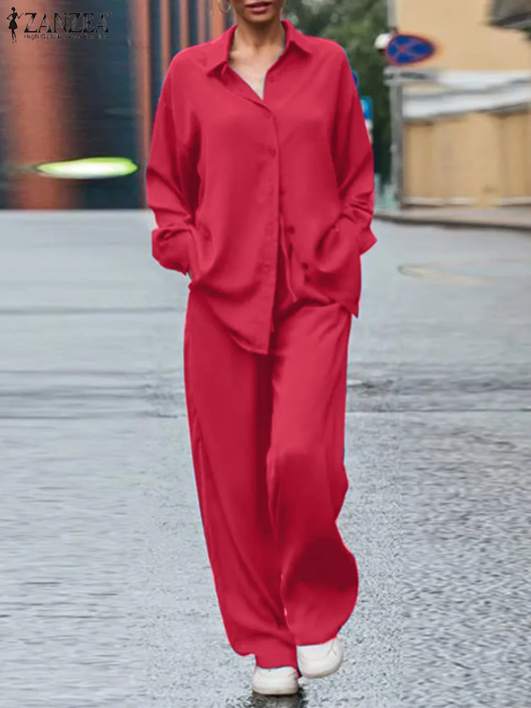 ZANZEA Womens Solid Pant Sets Pleated Outfits2023 Autumn 2PCS Long Sleeve Tops Wide Leg Trousers Suit Casual Satin Silky Set