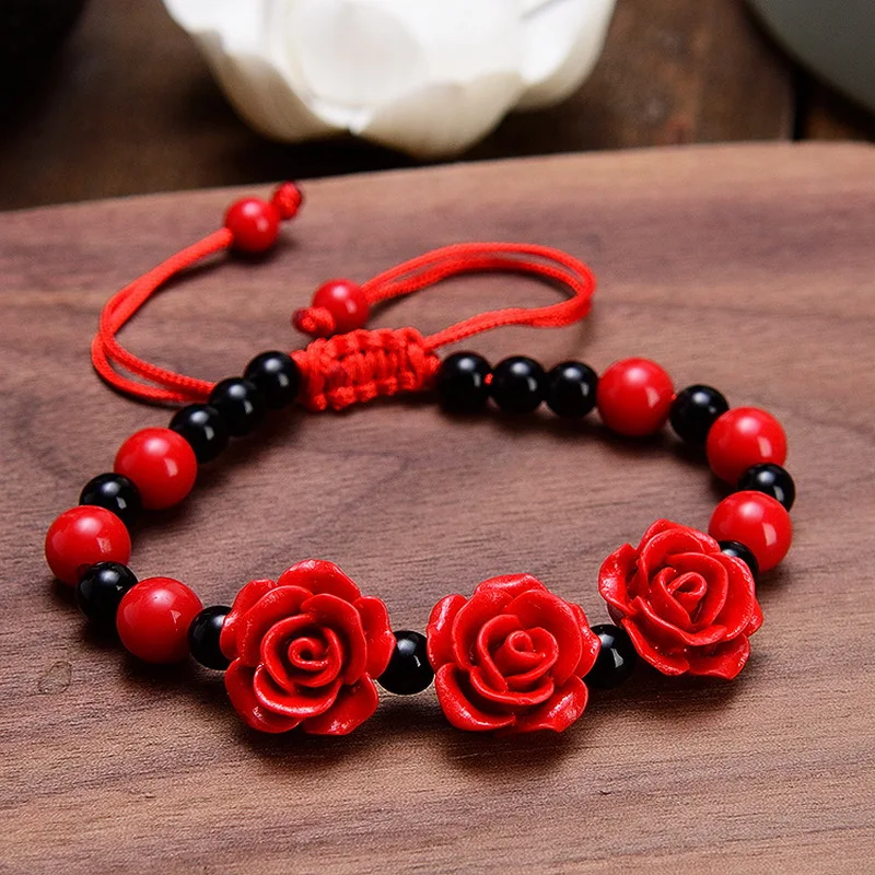 Korean Handmade Wove Rose Flower Bracelet For Women Girl Fashion Lacquer Red Rope Beaded Bracelet Accessorie Party Jewelry Gifts