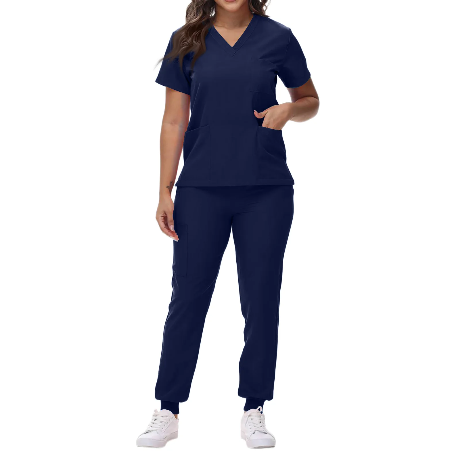 Set scrub da infermiera da donna con scollo a V manica corta pantaloni da jogging multitasche multicolori abbigliamento da lavoro professionale accogliente medico