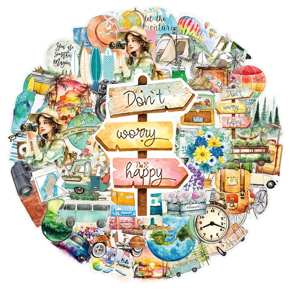 

10/30/50pcs Outdoor Travel Hiking Cartoon Stickers Aesthetic Camping Scenery Decals Toy DIY Laptop Phone Transparent Sticker Pac